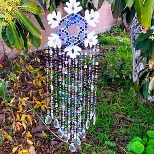 Winter Wonderland Blue Light Wind Chime Sun Catcher w/ Mosaic Mirrors & Crystals